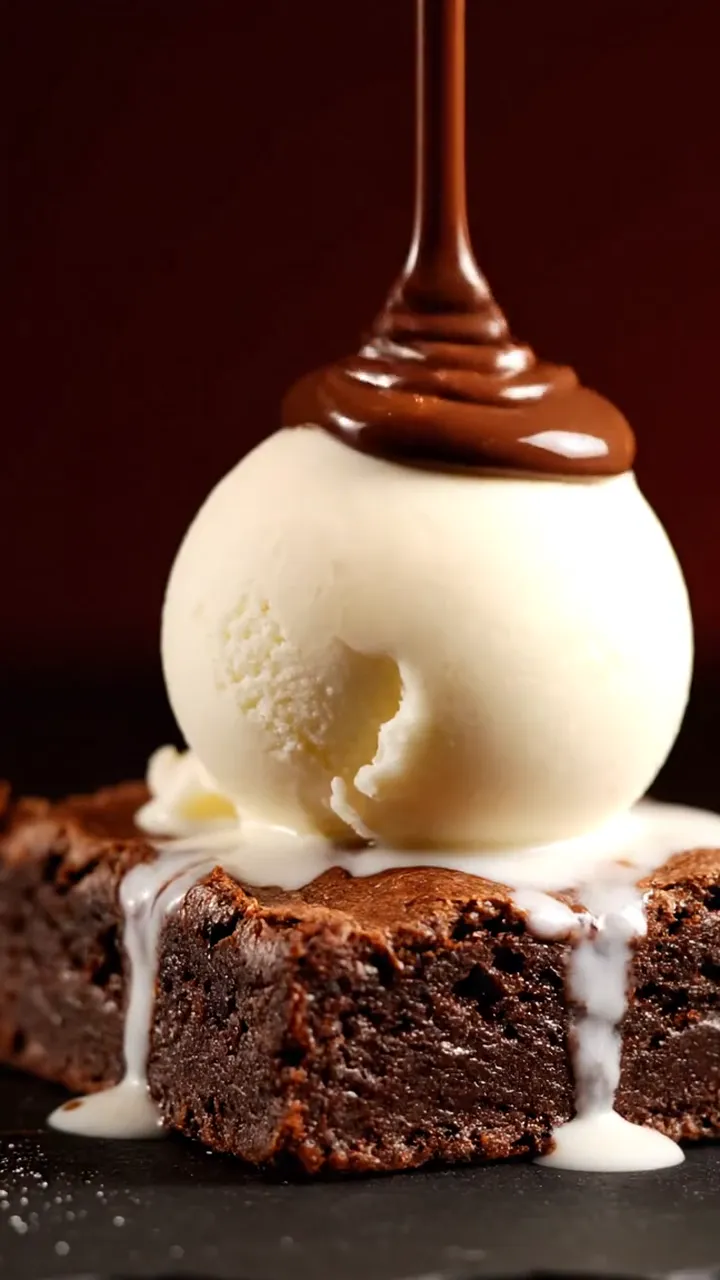 Warm chocolate sauce poured over ice cream on a brownie