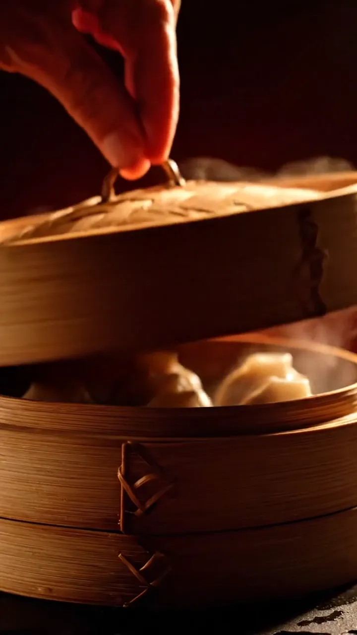 A bamboo steamer lid lifts to reveal steaming momos
