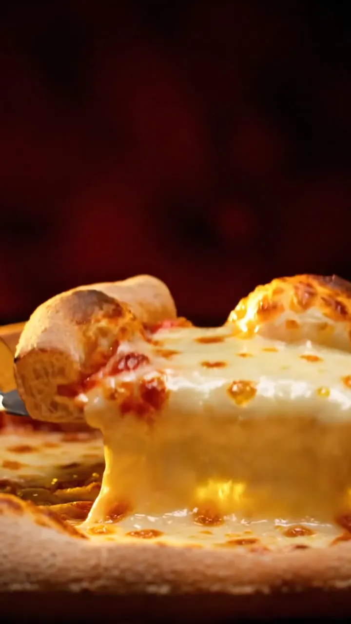 A pizza slice lifted with a long stretch of melted cheese