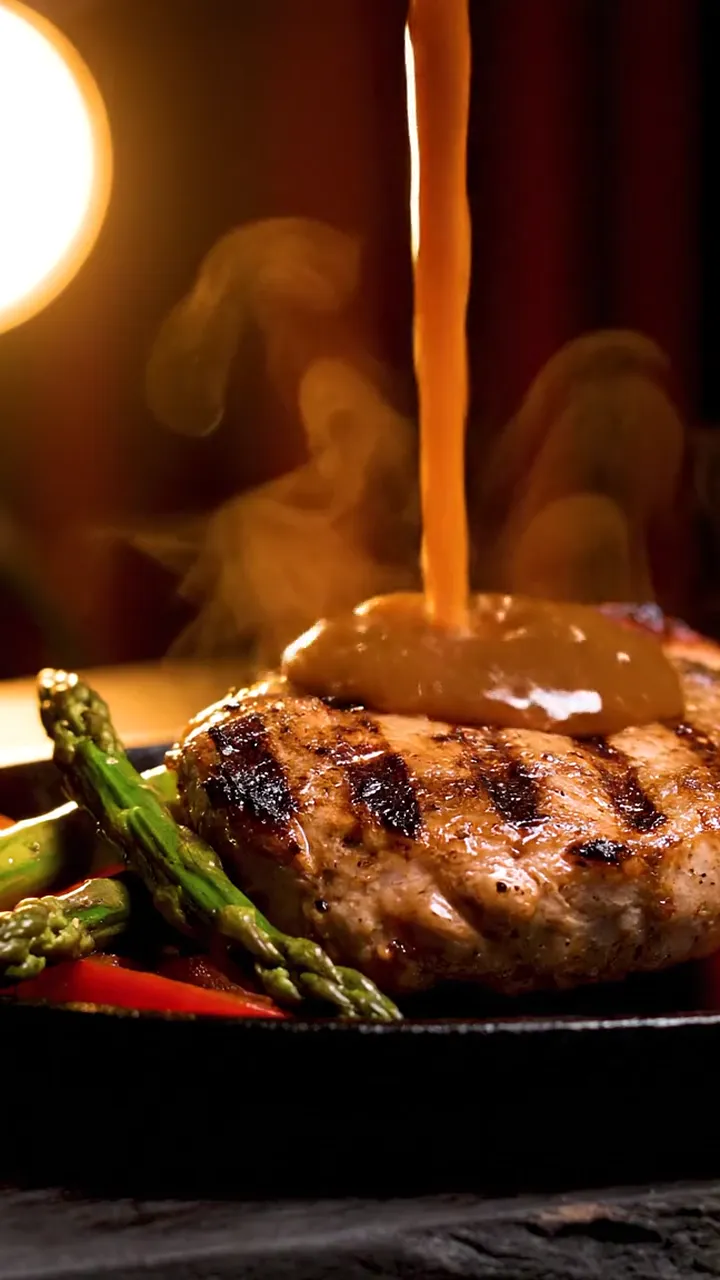 Sauce poured over a grilled steak on a smoking sizzler plate