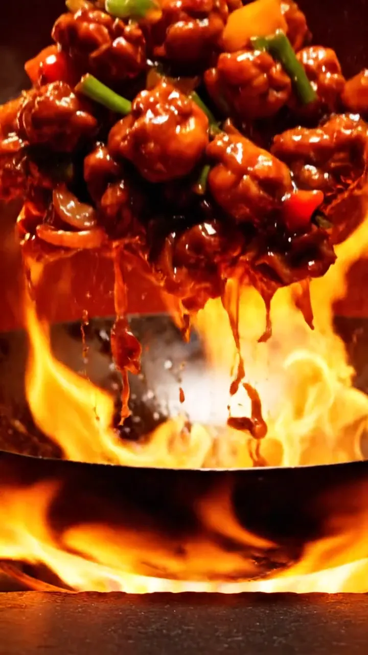 Chilli chicken tossed high over a flaming wok